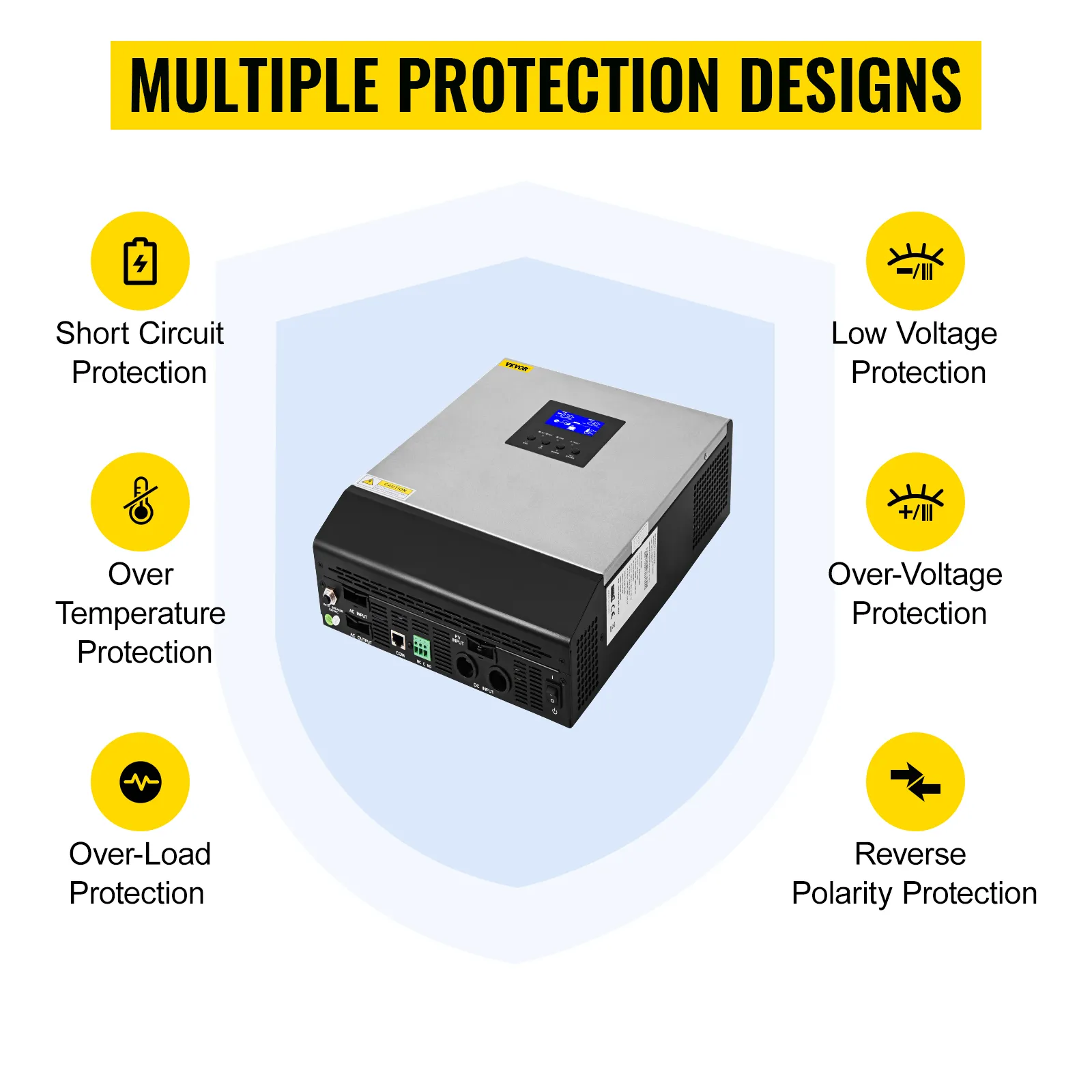 Inversor solar híbrido VEVOR con múltiples diseños de protección y pantalla digital.
