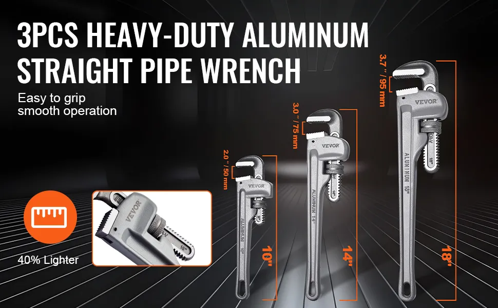 VEVOR pipe wrench set, 3pcs heavy-duty aluminum, 10'', 14'', 18'', easy grip, smooth operation, 40% lighter