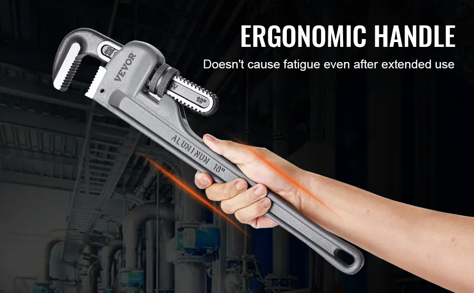 VEVOR pipe wrench set, ergonomic handle, lightweight aluminum, non-slip grip, prevents hand fatigue.