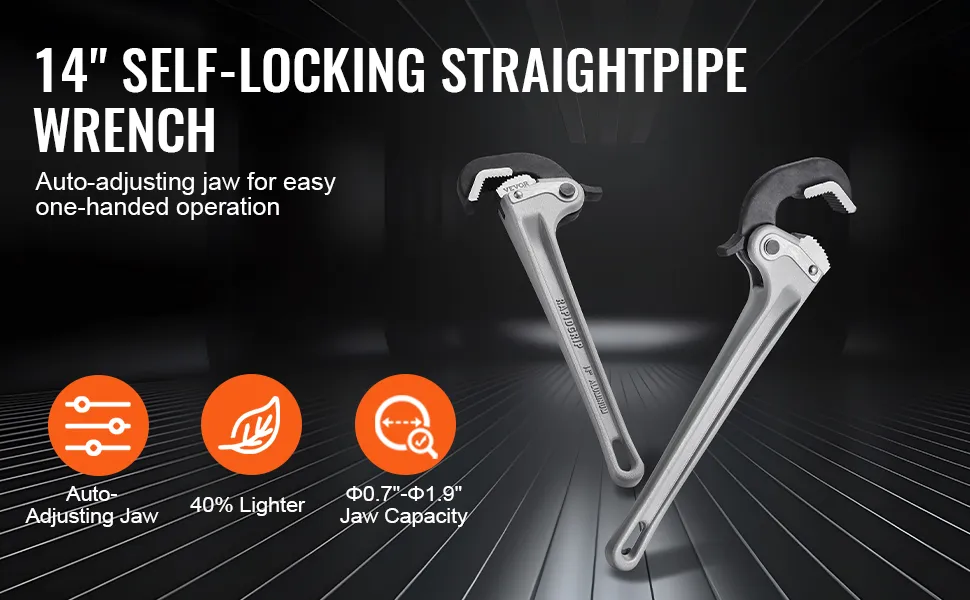 VEVOR pipe wrench: lightweight, 14" straight pipe wrench with auto-adjusting jaw for easy operation.