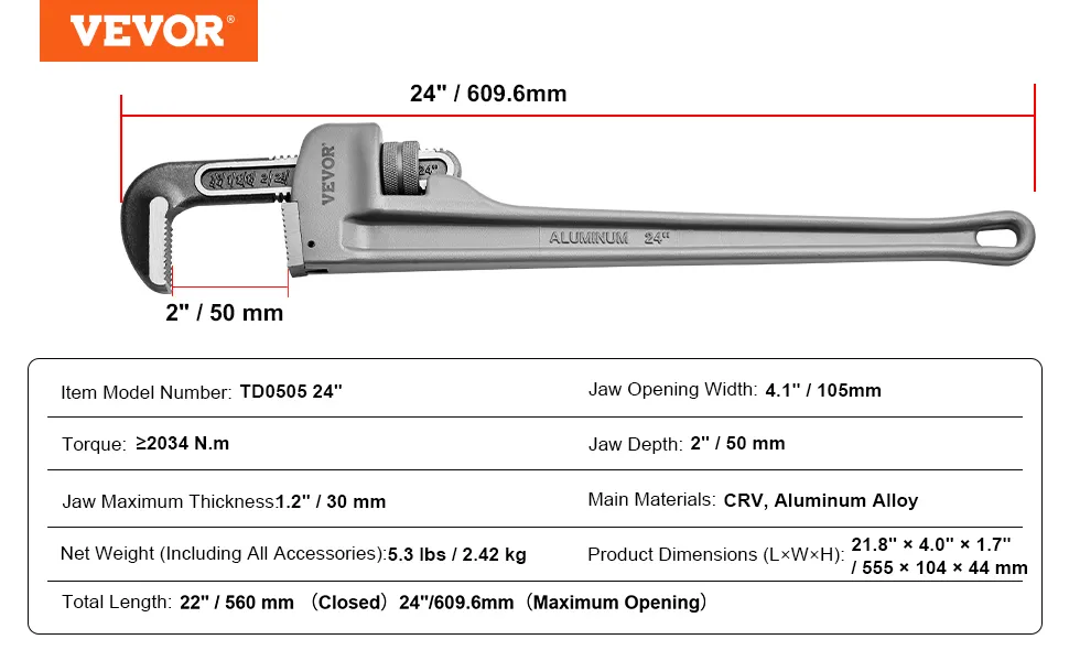 VEVOR pipe wrench, 24" aluminum alloy, 2034 n.m torque, 4.1" jaw width, 5.3 lbs weight.