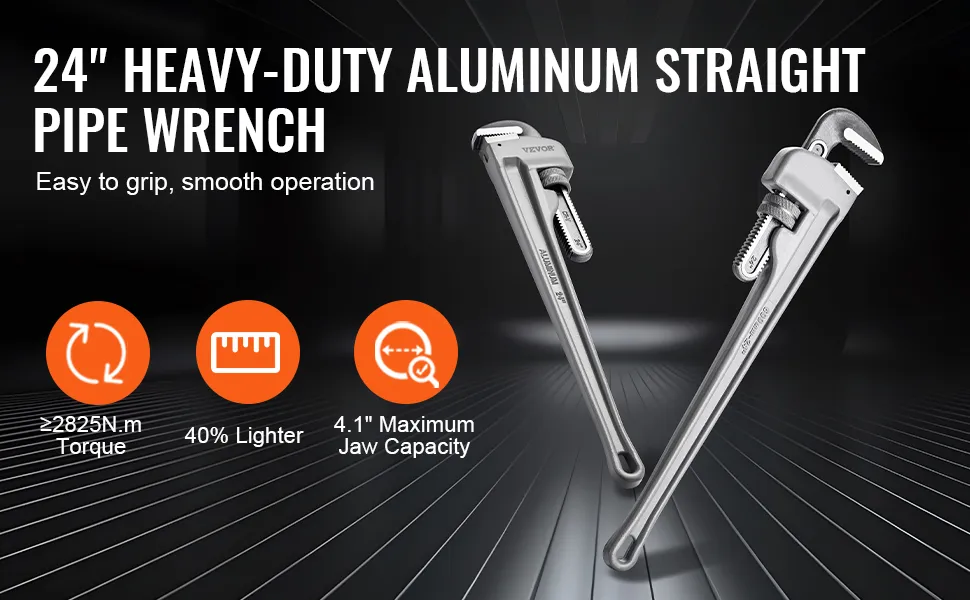24" heavy-duty aluminum VEVOR pipe wrench with 4.1" jaw, 2825n.m torque, 40% lighter, easy to grip.