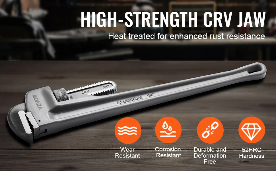 VEVOR pipe wrench with high-strength crv jaw, heat-treated for rust resistance, aluminum 24".