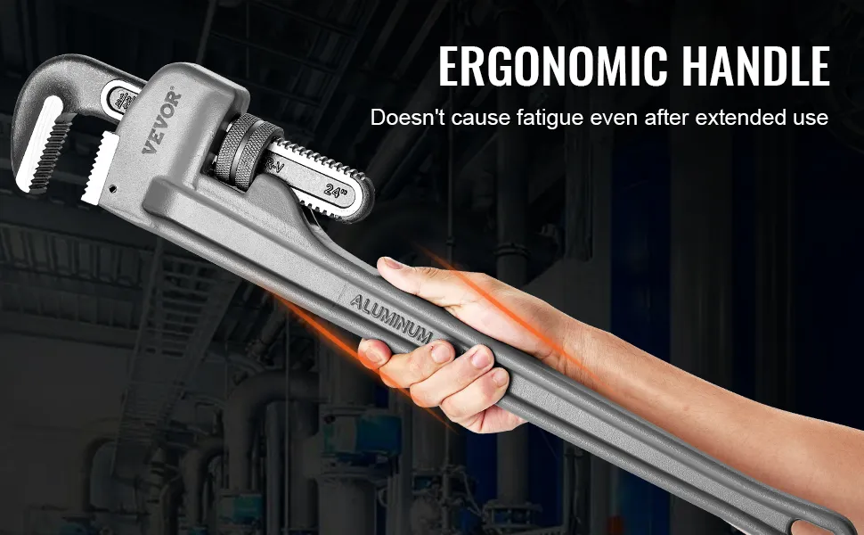 VEVOR pipe wrench with aluminum ergonomic handle held in a hand, industrial background.