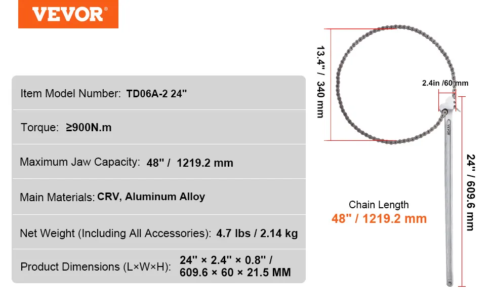 VEVOR chain wrench, td06a-2, 900n.m torque, 48" jaw capacity, crv aluminum alloy, 4.7 lbs weight.