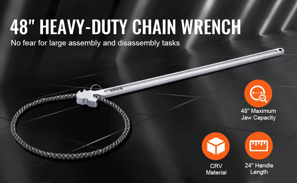 VEVOR chain wrench, 48" heavy-duty with 48" jaw capacity, crv material, and 24" handle length.