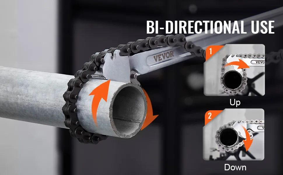 VEVOR chain wrench demonstrating bi-directional use with arrows indicating up and down directions.
