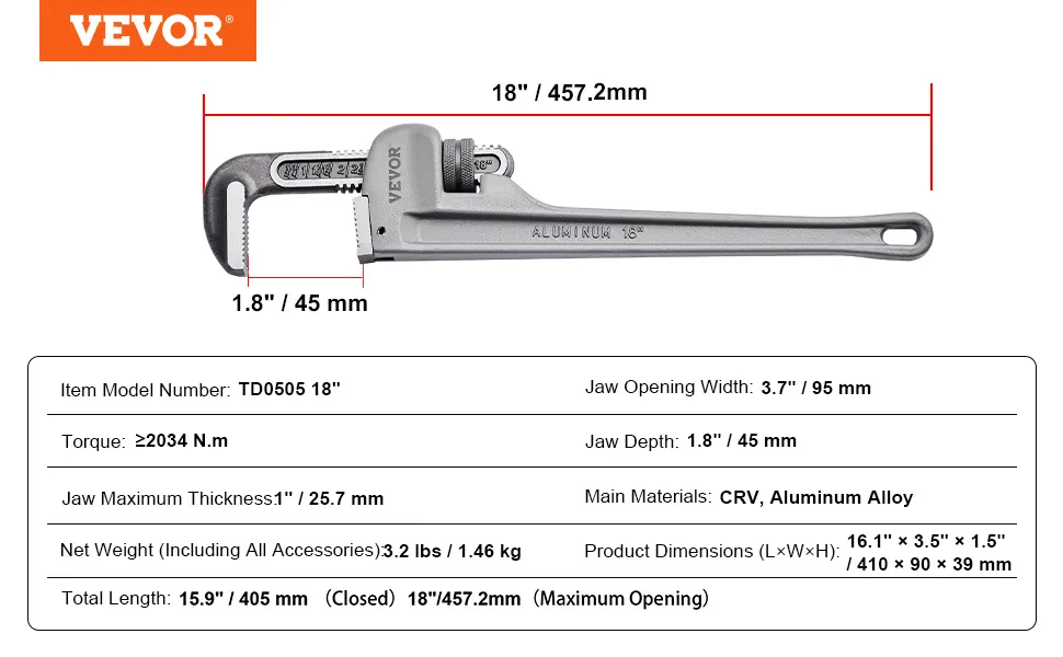 VEVOR pipe wrench, 18 inches long, with 3.7-inch jaw opening and 2034 n.m torque capacity.