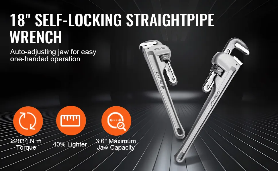 VEVOR pipe wrench, 18" self-locking straight pipe wrench with auto-adjusting jaw, 2034 n·m torque.