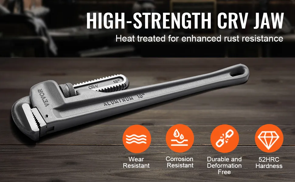 VEVOR pipe wrench with high-strength crv jaw, wear and corrosion resistant, durable and deformation-free.