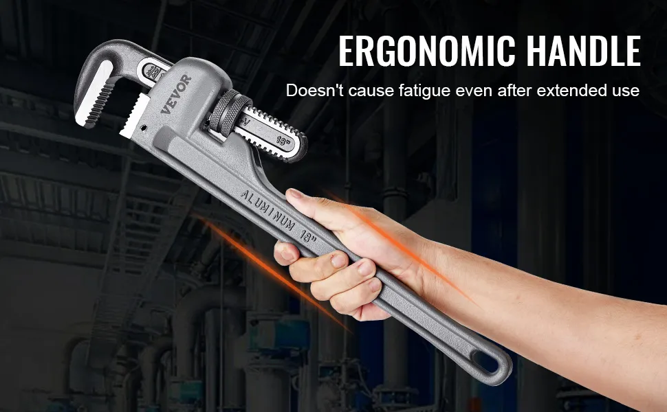 man holding VEVOR pipe wrench with ergonomic handle, highlighting its fatigue-free design and 18-inch length.