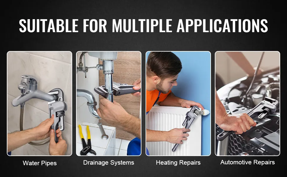 VEVOR pipe wrench for water pipes, drainage systems, heating repairs, and automotive repairs.