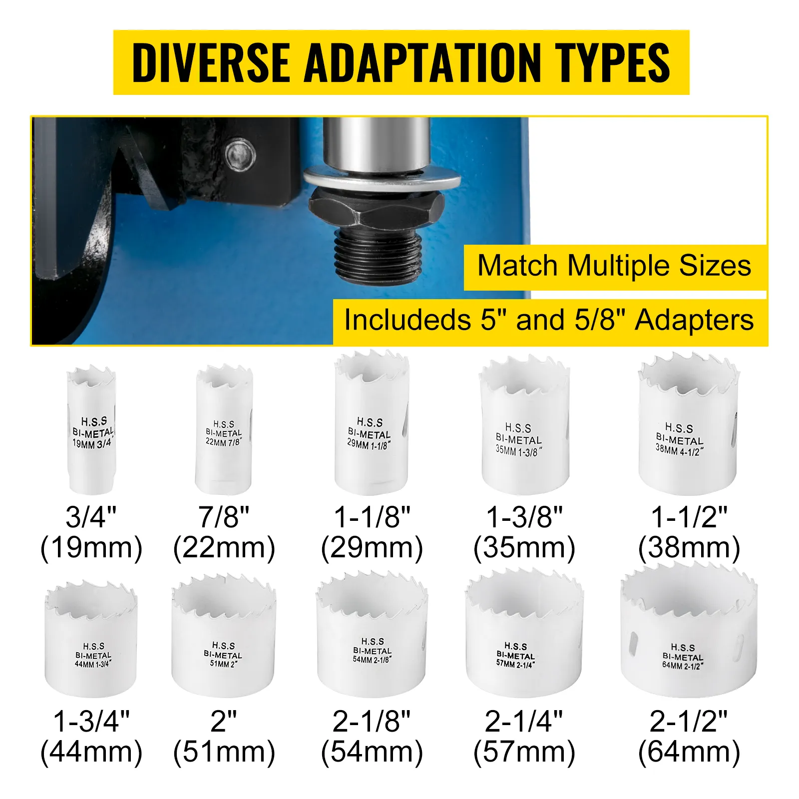 VEVOR-buisuitsnijder met verschillende bimetalen gatenzaagmaten en adapters weergegeven.