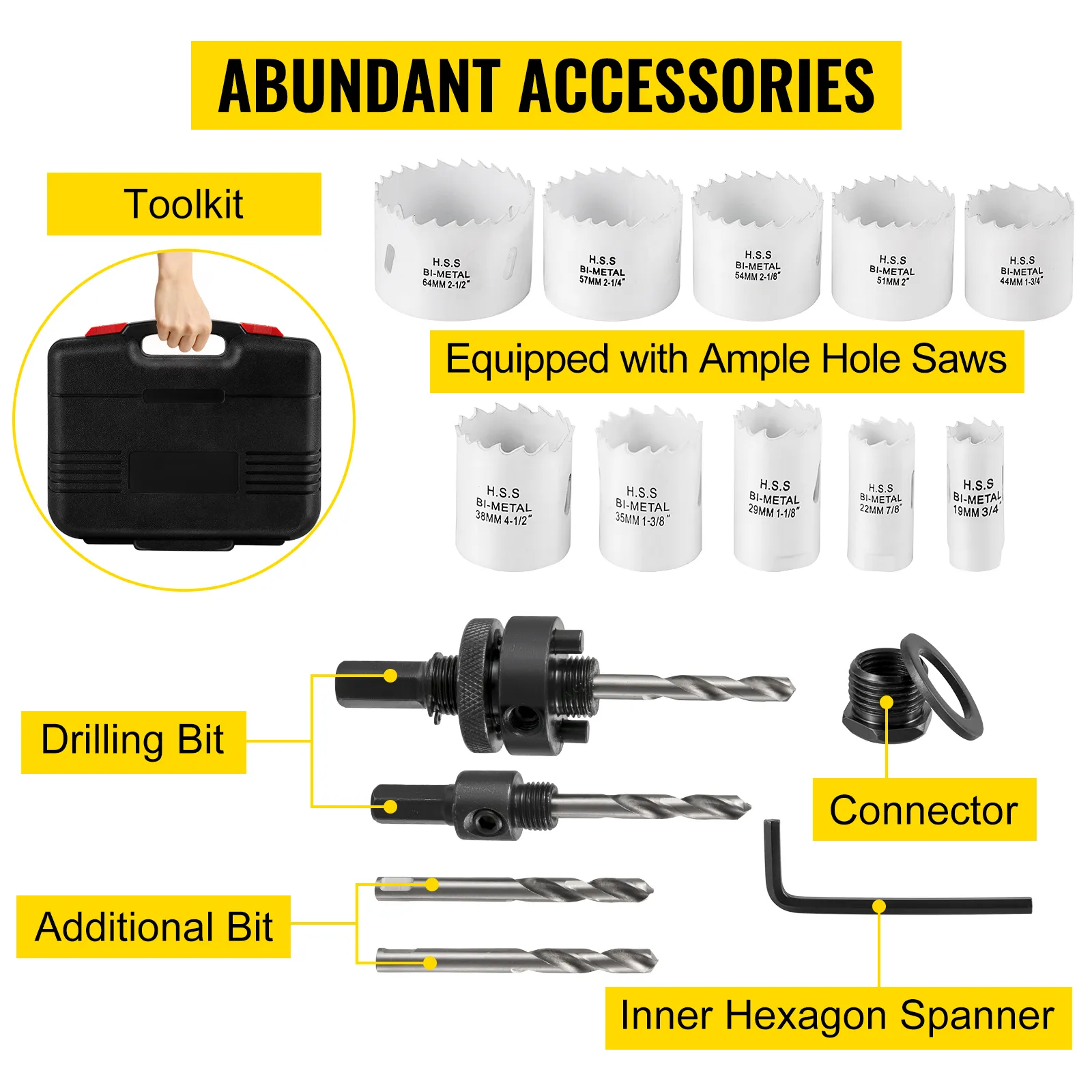 Gereedschapsset met gatenzagen, boor, connector, inbussleutel voor VEVOR buisuitsnijder.