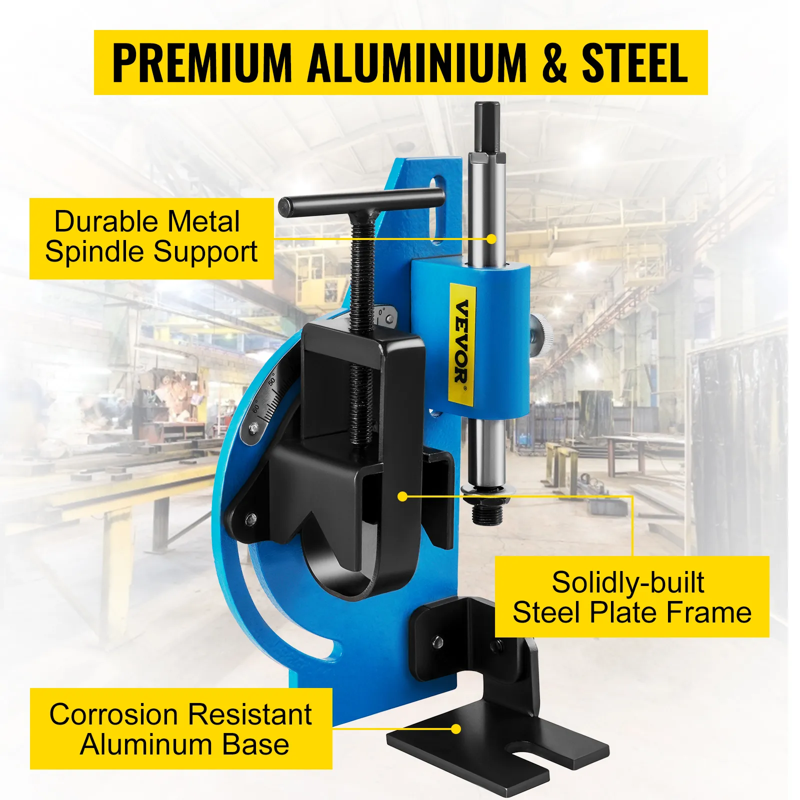 Zestaw do wycinania rur VEVOR z aluminiową podstawą, stalową ramą i metalowym wspornikiem wrzeciona.