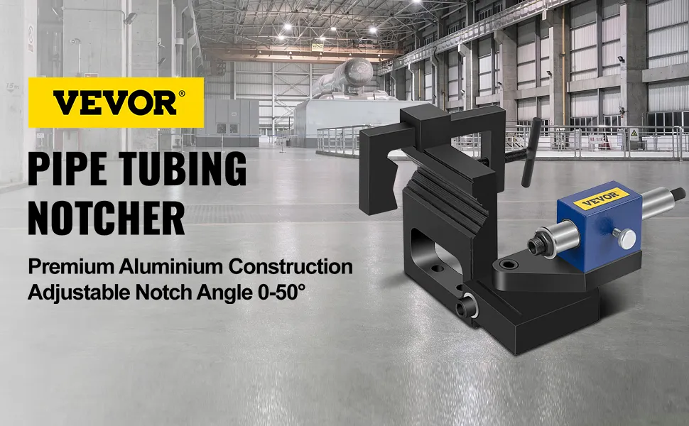 VEVOR pipe tubing notcher with premium aluminum construction in an industrial setting.