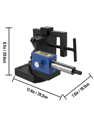 VEVOR pipe notcher with dimensions: 8.1"x11.4"x7.6", black and blue, metal clamps.