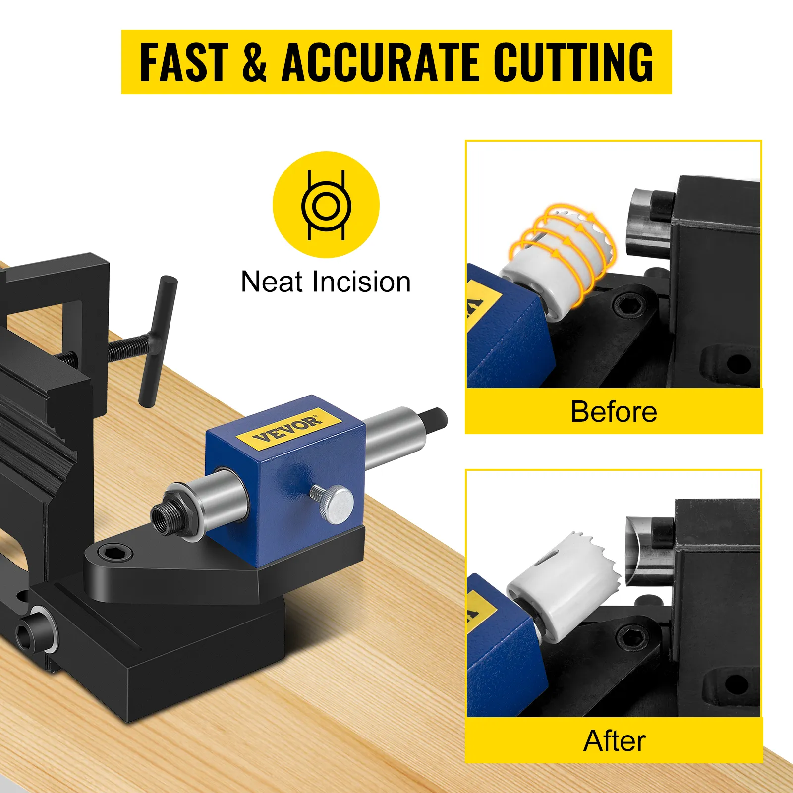 VEVOR pipe notcher ensuring fast and accurate cutting with neat incisions, before and after.