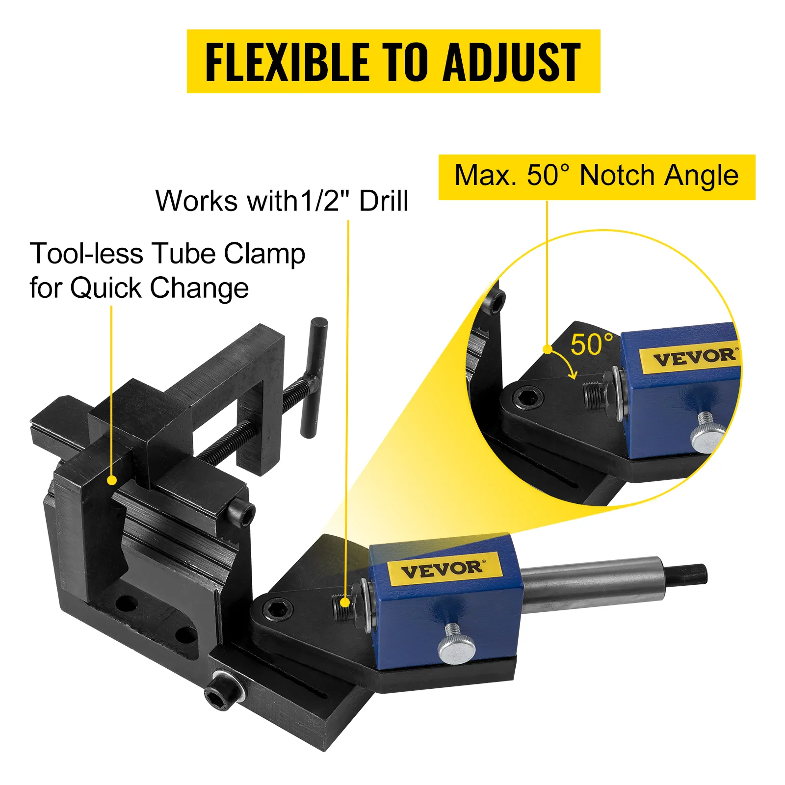VEVOR pipe notcher with tool-less tube clamp and max 50° notch angle.