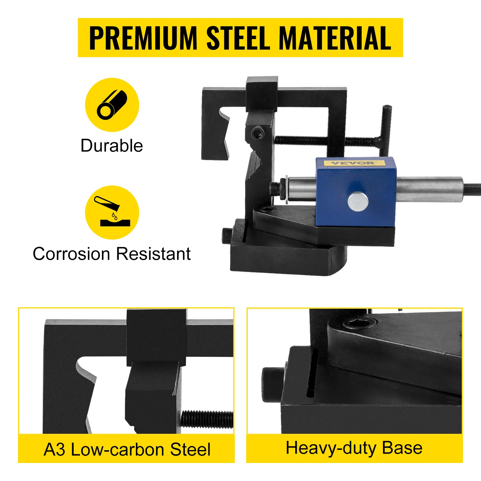 VEVOR pipe notcher made of a3 low-carbon steel with durable heavy-duty base.