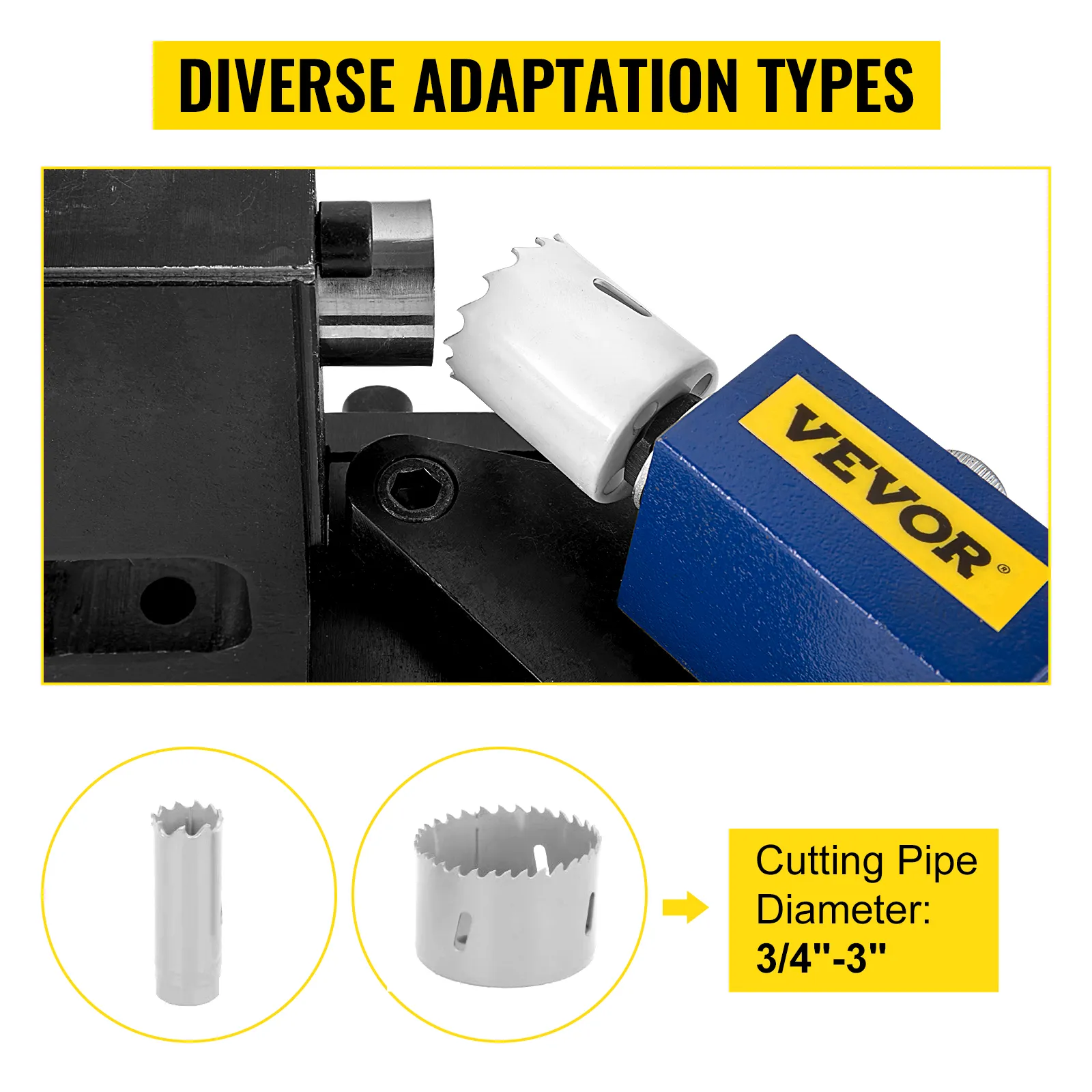 VEVOR pipe notcher with versatile cutting diameters for 3/4"-3" pipes.