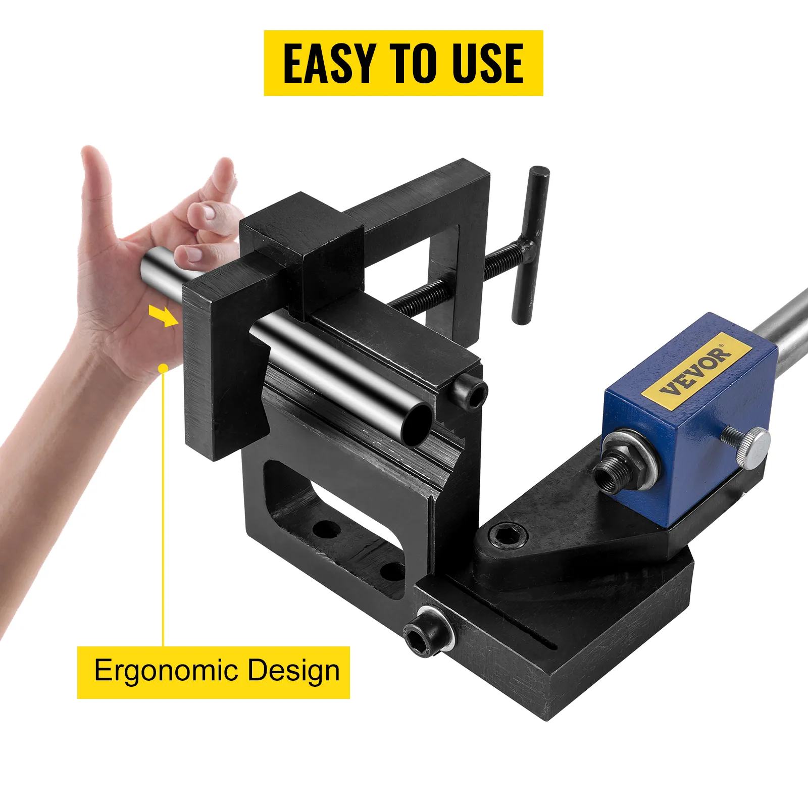 VEVOR pipe notcher with ergonomic design, hand holding a pipe, easy to use.