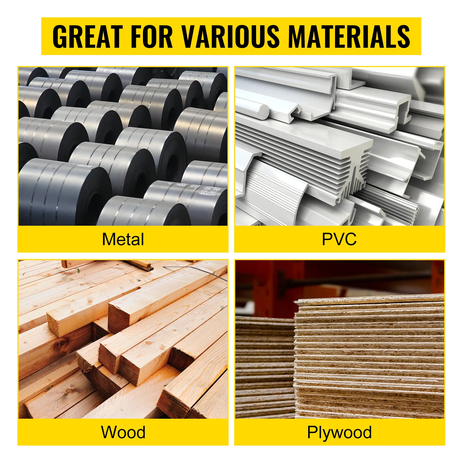 VEVOR pipe notcher suitable for metal, pvc, wood, and plywood materials.