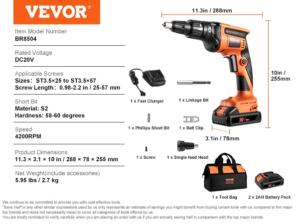 VEVOR gipsplaatschroefmachine met 20V-accu, oplader, gereedschapstas en accessoires, afmetingen 29,5 x 7,9 x 25,4 cm.