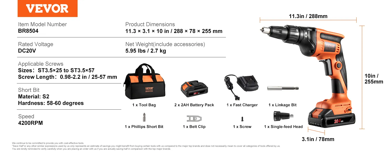 VEVOR gipsplaatschroefmachine met 20V-accu, oplader, gereedschapstas en accessoires, afmetingen 29,5 x 7,9 x 25,4 cm.