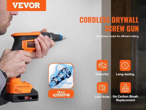 arbeider die een VEVOR gipsplaatschroefmachine met borstelloze motor gebruikt, max. 4200 tpm, krachtig en duurzaam.