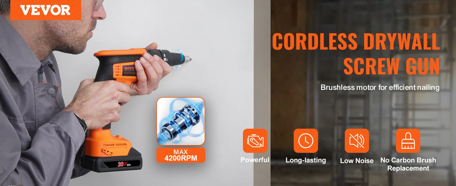arbeider die een VEVOR gipsplaatschroefmachine met borstelloze motor gebruikt, max. 4200 tpm, krachtig en duurzaam.