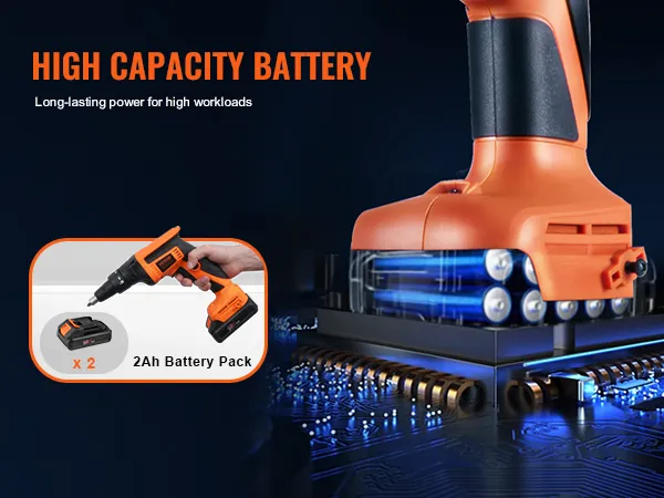 VEVOR gipsplaatschroefmachine met accu met hoge capaciteit en 2Ah-accupakket voor langdurig vermogen.