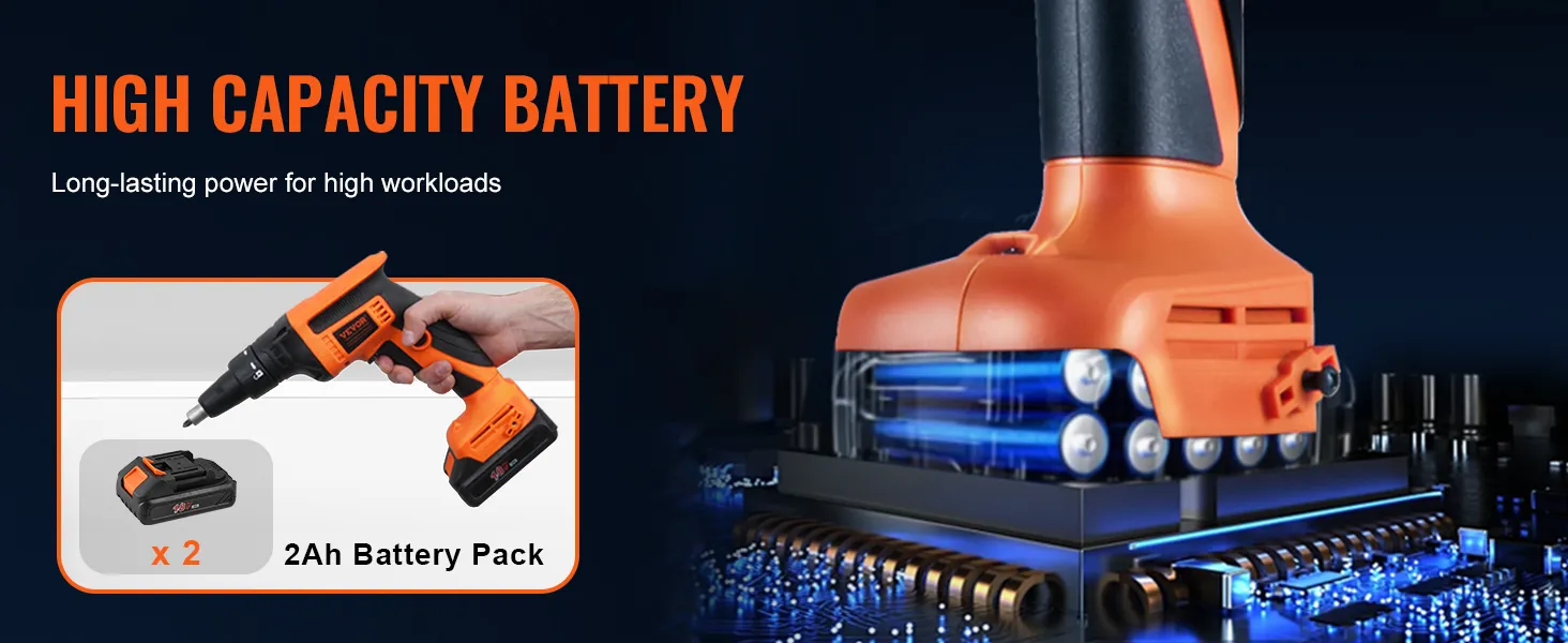 VEVOR gipsplaatschroefmachine met accu met hoge capaciteit en 2Ah-accupakket voor langdurig vermogen.