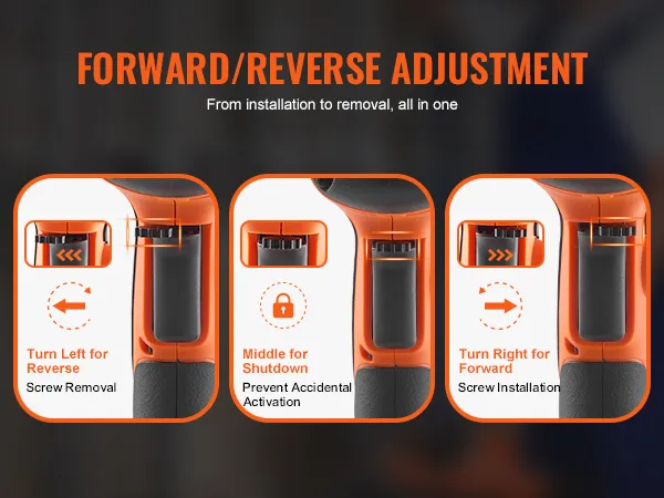 Vooruit-/achteruitverstelling van de VEVOR-schroefmachine voor gipsplaten met bedieningsknoppen voor het verwijderen en installeren van schroeven.
