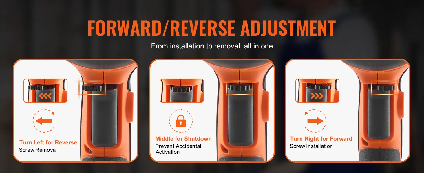Vooruit-/achteruitverstelling van de VEVOR-schroefmachine voor gipsplaten met bedieningsknoppen voor het verwijderen en installeren van schroeven.