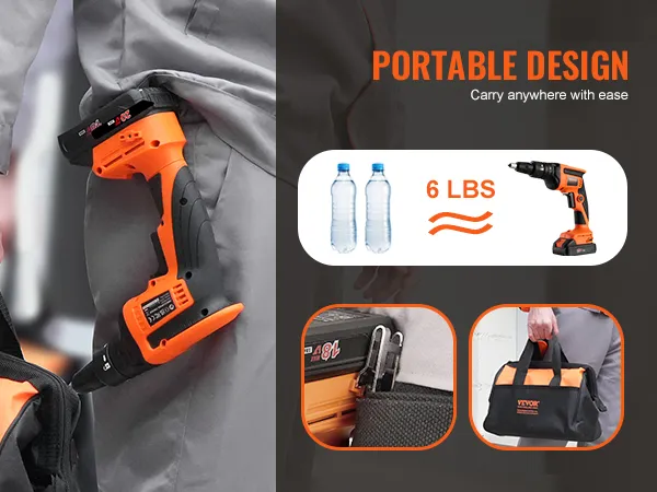 Draagbaar ontwerp van VEVOR gipsplaatschroefmachine, lichtgewicht van 6 lbs, gemakkelijk mee te nemen in de gereedschapstas.