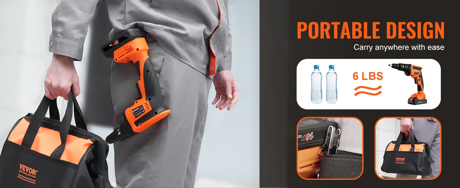 Draagbaar ontwerp van VEVOR gipsplaatschroefmachine, lichtgewicht van 6 lbs, gemakkelijk mee te nemen in de gereedschapstas.