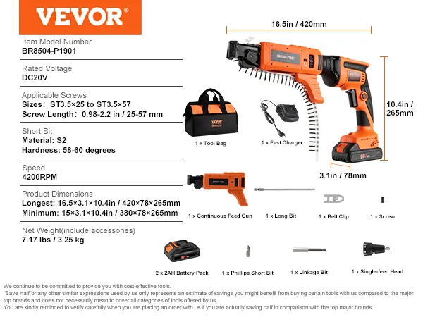 VEVOR gipsplaatschroefmachine, continu-toevoerpistool, gereedschapstas, snellader, accu, bits en meer.