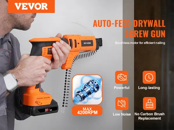 VEVOR gipsplaatschroefmachine in gebruik, met een maximaal vermogen van 4200 tpm, een lange levensduur, een laag geluidsniveau en duurzame eigenschappen.