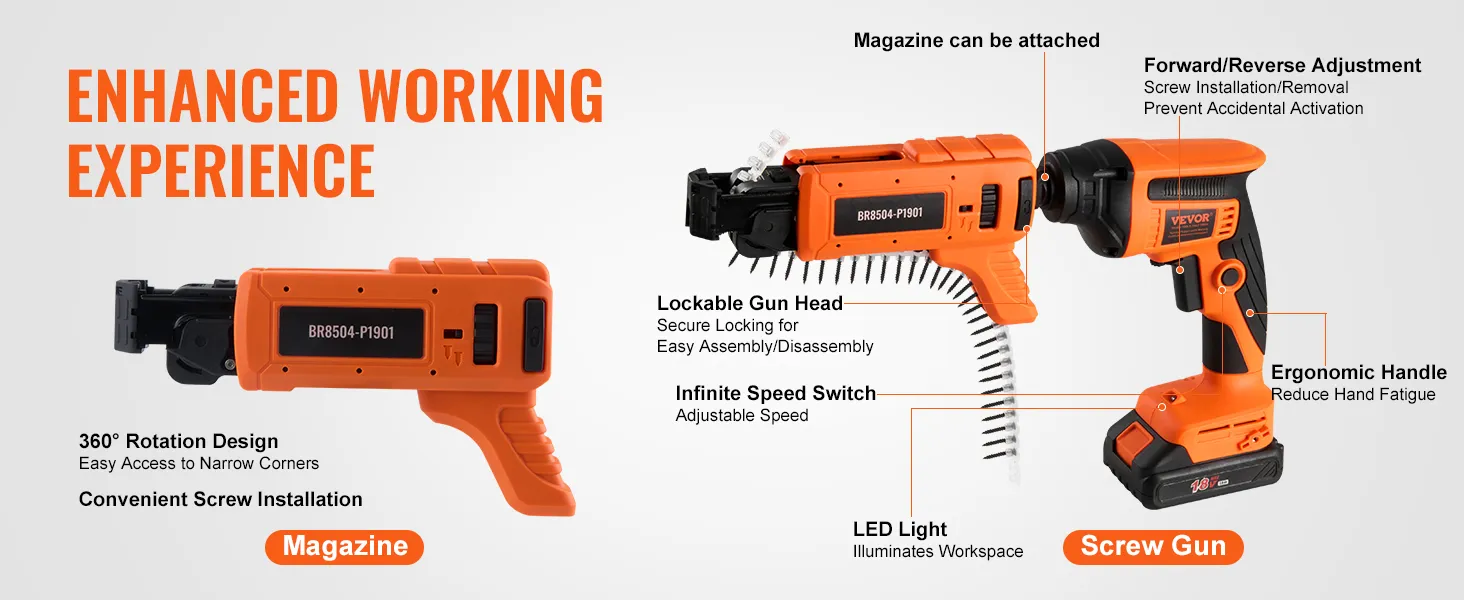 VEVOR gipsplaatschroefpistool met 360° rotatie, ergonomische handgreep, led-lampje en traploze snelheidsschakelaar.