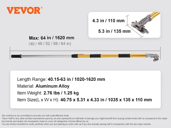VEVOR drywall flat box handle, adjustable length 40.15-63 in, aluminum alloy, 2.76 lbs.