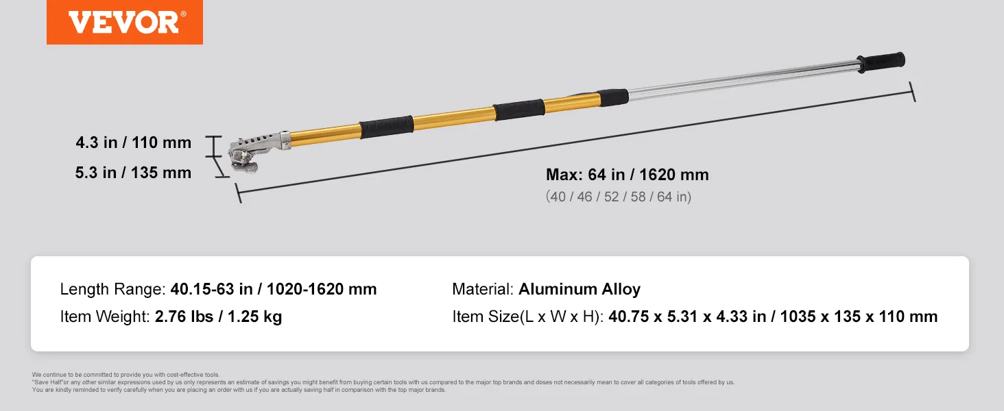 VEVOR drywall flat box handle, adjustable length 40.15-63 in, aluminum alloy, 2.76 lbs.