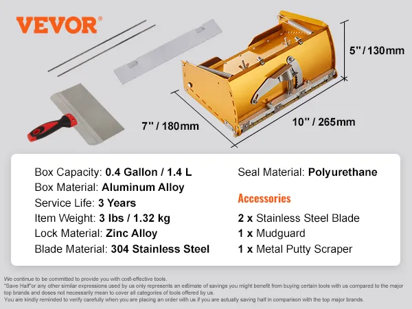 VEVOR drywall flat box set with aluminum alloy body, stainless steel blades, mudguard, and putty scraper.