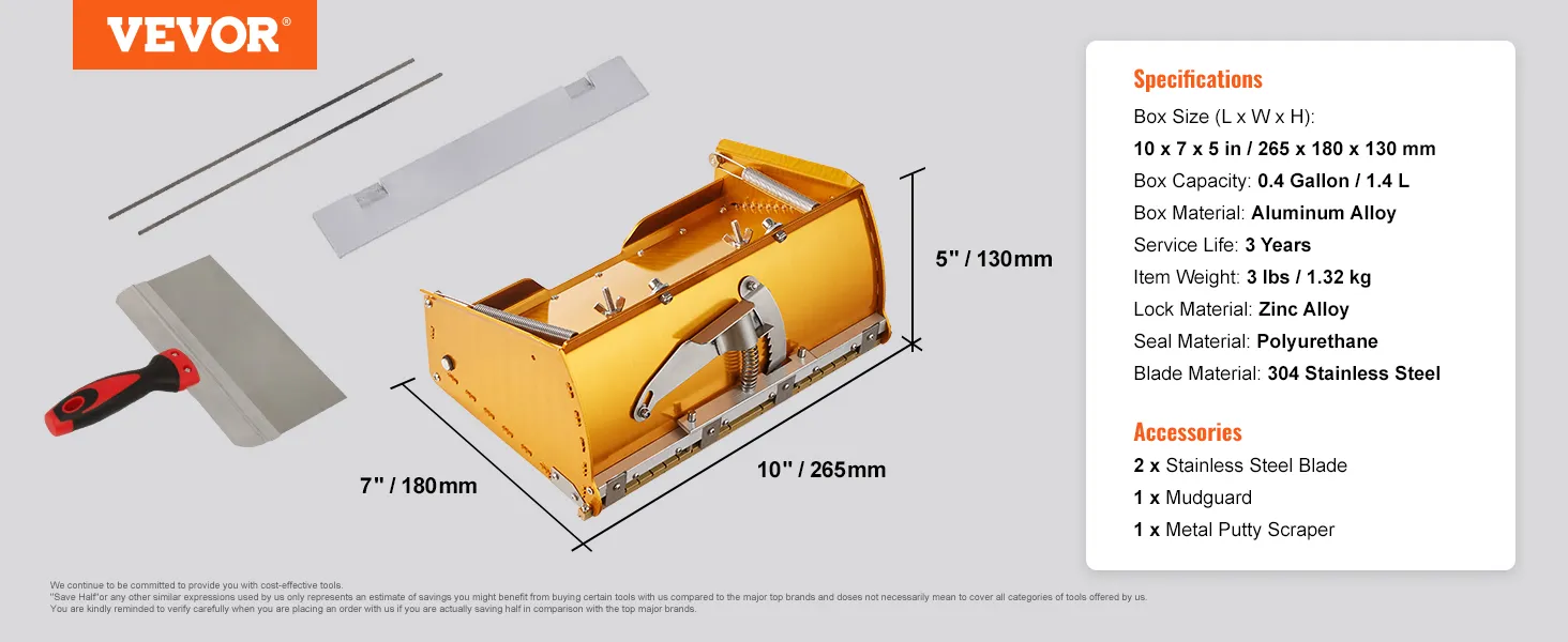 VEVOR drywall flat box set with aluminum alloy body, stainless steel blades, mudguard, and putty scraper.