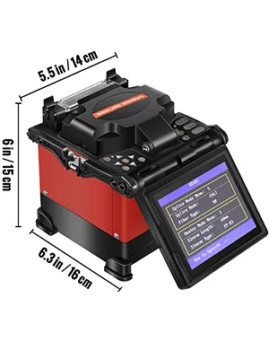 Empalmador de fusión de fibra VEVOR con dimensiones de 6,3 x 5,5 x 6 pulgadas.