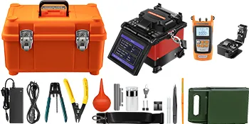Empalmador de fusión de fibra VEVOR con accesorios y herramientas, incluido un estuche de transporte naranja.