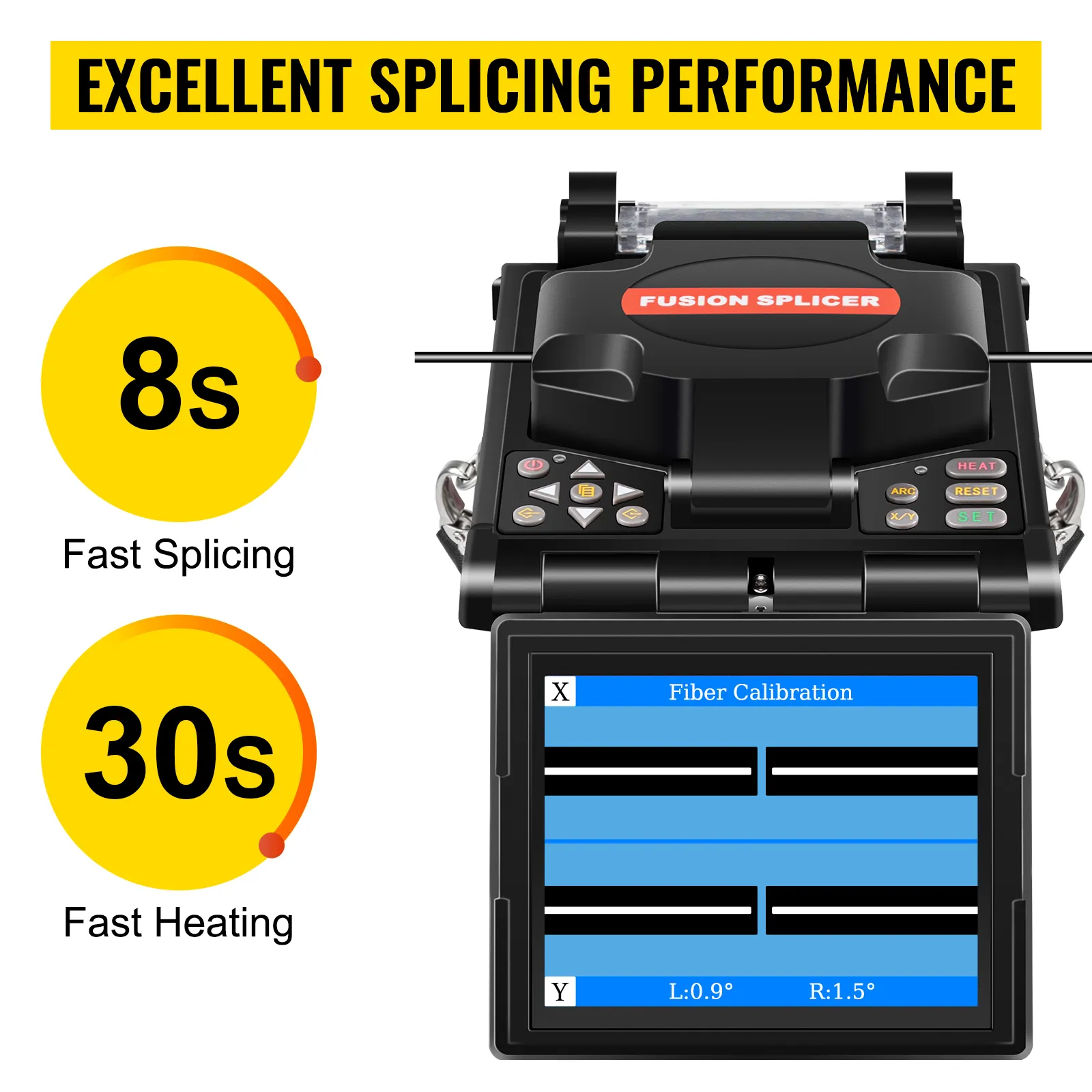 Empalmador de fusión de fibra VEVOR con empalme rápido de 8 s y calentamiento rápido de 30 s, excelente rendimiento