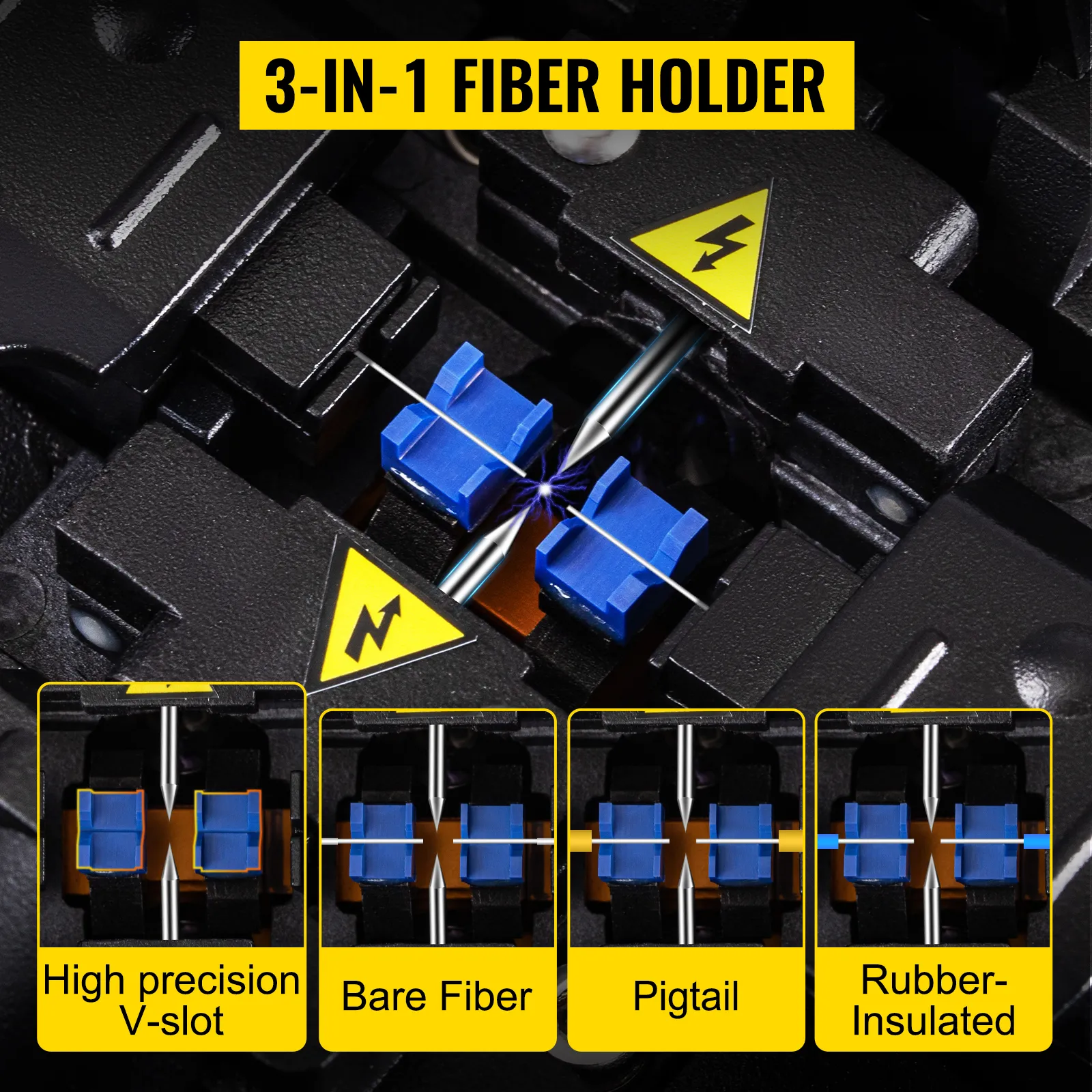 Portafibra 3 en 1 con ranura en V, fibra desnuda, pigtail, aislamiento de goma para empalmador de fusión de fibra VEVOR.