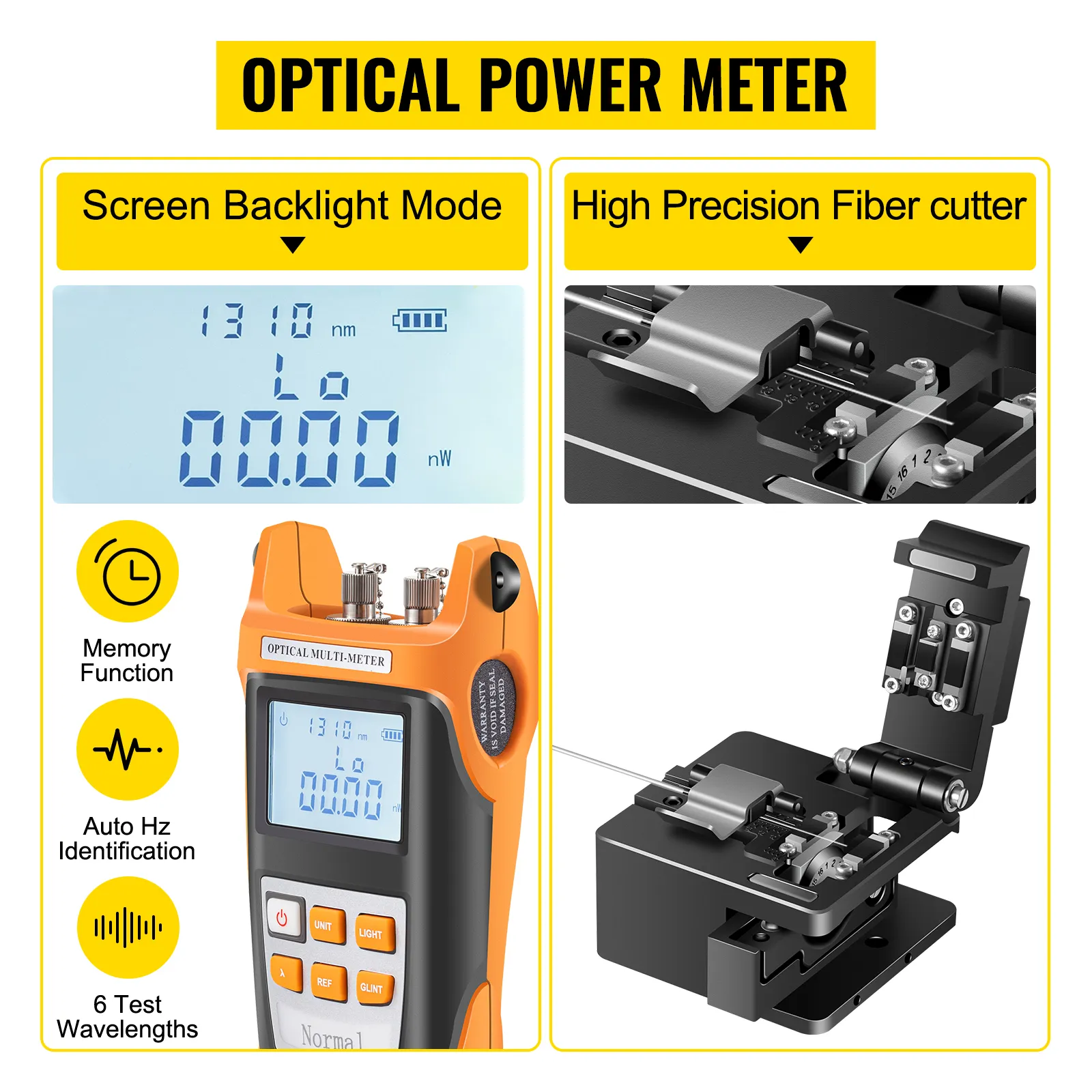 Medidor de potencia óptica con retroiluminación de pantalla, cortador de fibra de alta precisión, 6 longitudes de onda de prueba.