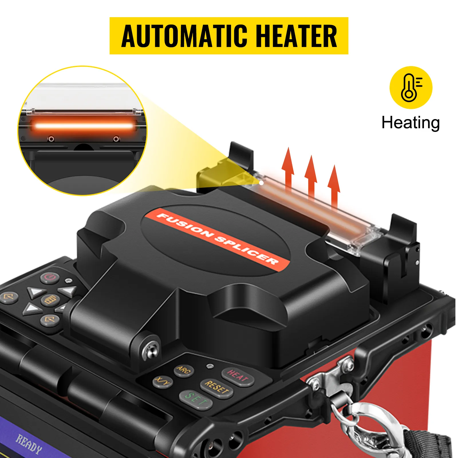 Empalmador de fusión de fibra VEVOR con calentador automático e indicador de calentamiento.
